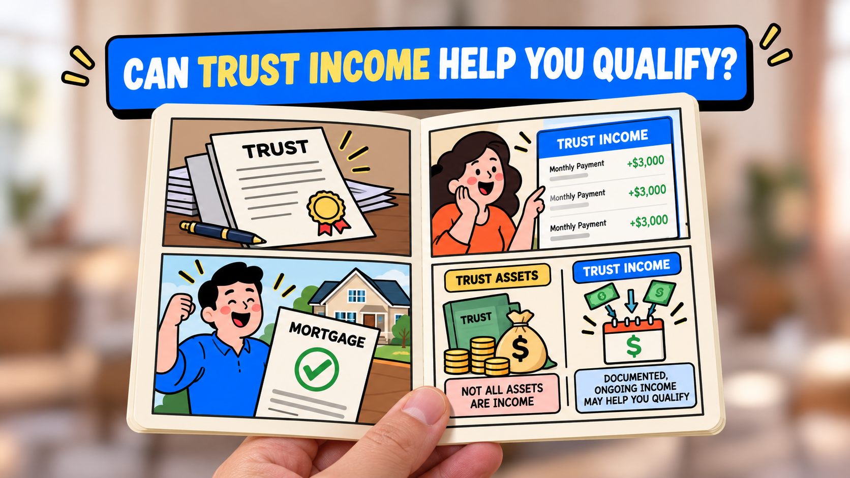 Illustrated booklet distinguishes trust assets from documented recurring distributions that may support mortgage qualification.